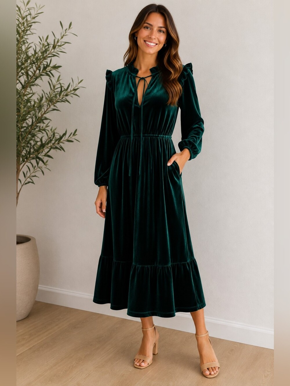 Baltic Born Emerald Green Velvet Long Sleeve Midi Dress - Picture 2 of 7